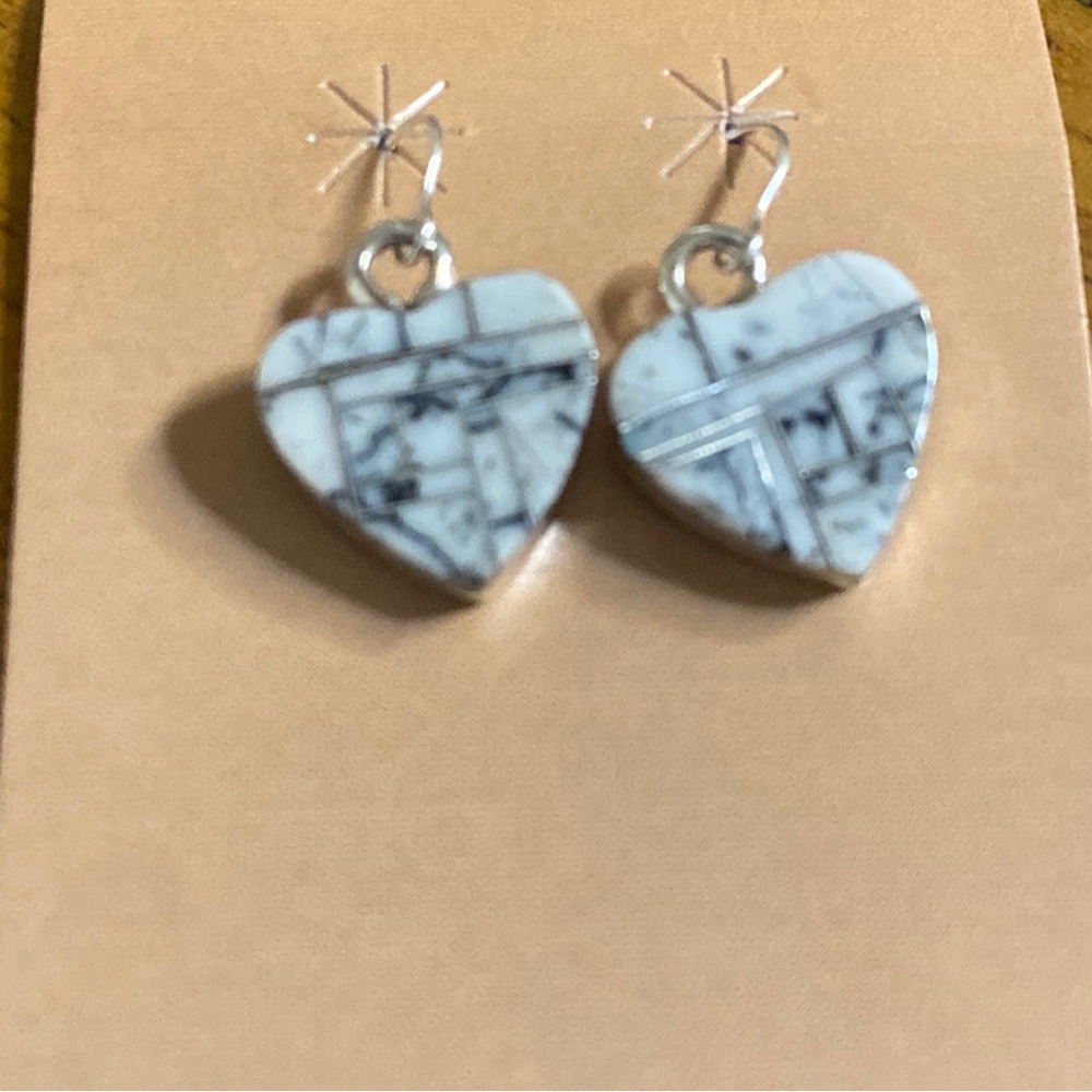 White Buffalo inlayed sterling silver heart pierced dangle earrings